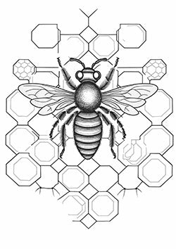 Tattoo template of a detailed bee within geometric hexagons, symbolizing balance and industriousness