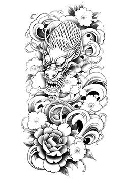 Tattoo template of an Asian dragon with blossoms and waves