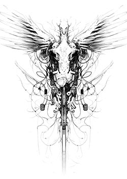 Tattoo template of a mechanical phoenix with abstract wings