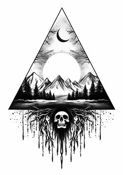 Tattoo template of a mountain landscape with a skull and crescent moon