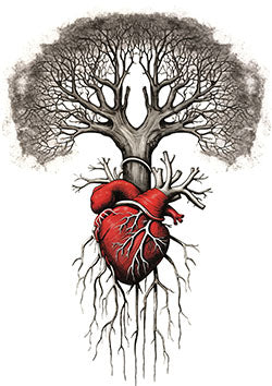 Tattoo template of a heart intertwined with a tree trunk symbolizing growth and resilience