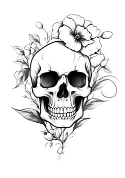 Tattoo template of a skull with blooming flowers and delicate leaves