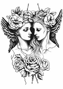 Tattoo template of a double portrait with angelic wings and roses