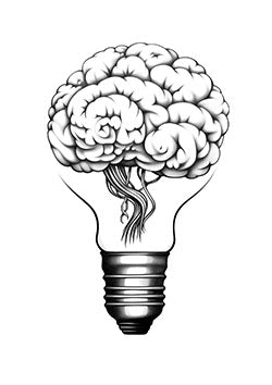 Tattoo template of a light bulb with a brain inside symbolizing intellect and creativity