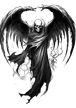 Tattoo template of a skeletal figure cloaked in dark robes with imposing wings exuding power and mystery.