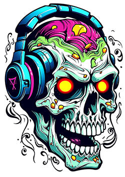 Tattoo template of a skull with glowing eyes and colorful headphones