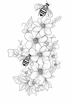 Tattoo template of a floral arrangement with bees around