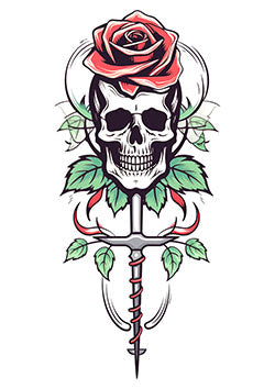 Tattoo template of a skull with a rose and dagger, symbolizing death and rebirth