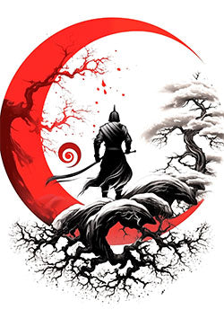 Tattoo template of a samurai with a red moon and barren trees