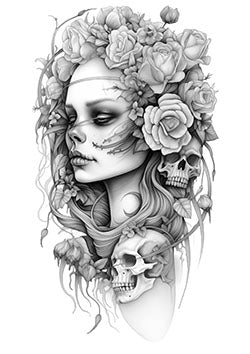 Tattoo template of a woman's face with roses and skulls entwined