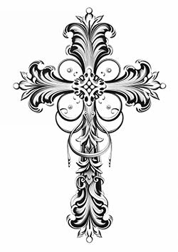 Tattoo template of a symmetrical floral cross design with intricate details