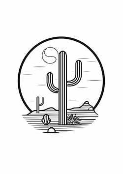 Tattoo template of a serene desert landscape with a cactus and sun in minimal line art design