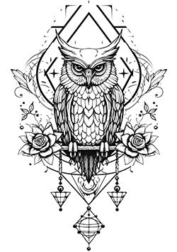 Tattoo template of an owl with a dreamcatcher and roses