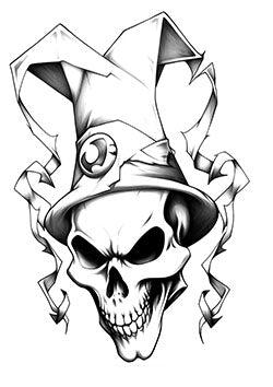 Tattoo template of a skull with a jester hat, exuding a sinister and eerie vibe