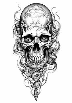 Tattoo template of a skull with mechanical gears and ethereal smoke