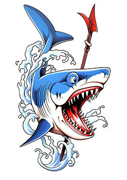 Tattoo template of a shark holding a red trident spear in its jaws while leaping from the waves