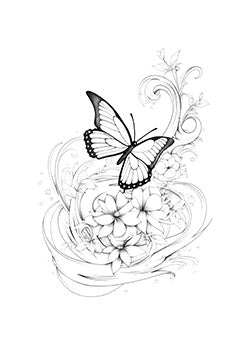 Tattoo template of a butterfly on blooming flowers with swirling tendrils and leaves