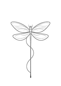 Tattoo template of a dragonfly with detailed wings and a swirling tail