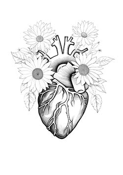 Tattoo template of a heart intertwined with blooming sunflowers symbolizing life and resilience