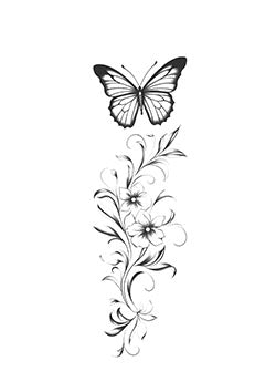 Tattoo template of a butterfly and flowers with vines in black and white design