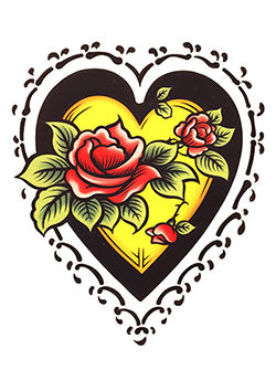 Tattoo template of a heart surrounded by roses, emphasizing love and beauty.