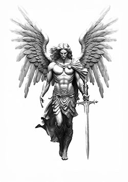 Tattoo template of a strong angelic warrior guarding with large wings and a sword