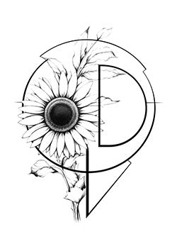 Tattoo template of a geometric floral design with a sunflower and letter P