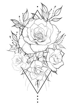 Tattoo template of a geometric floral design with roses and leaves