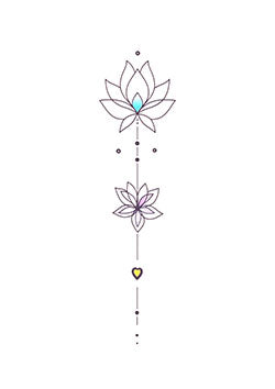 Tattoo template of two lotus flowers with gradient colors and a heart symbol.