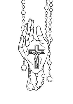 Tattoo template of praying hands holding a rosary with a cross