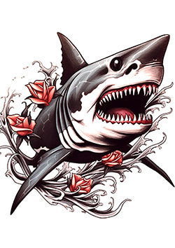 Tattoo template of a fierce shark with roses wrapping around its body