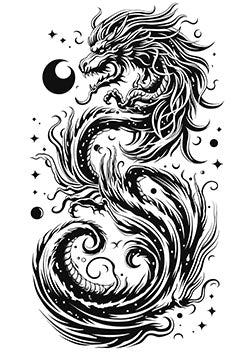 Tattoo template of a dragon with celestial motifs