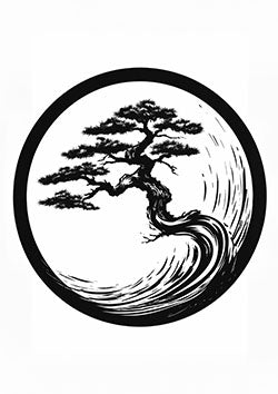 Tattoo template of a bonsai tree within an abstract circular frame, symbolizing harmony and nature