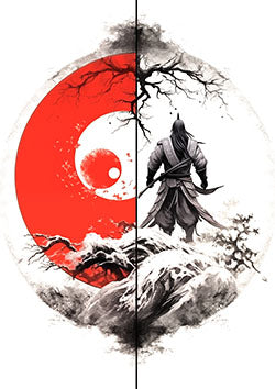 Tattoo template of a samurai with a red yin-yang moon