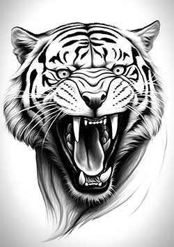 Tattoo template of a roaring tiger head with detailed facial features and expressive eyes, symbolizing power and ferocity