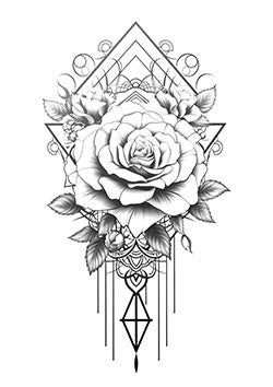 Tattoo template of an ornate rose within geometric shapes and drips