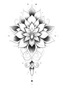 Tattoo template of a black and white mandala flower featuring intricate details and a balanced, harmonious design.