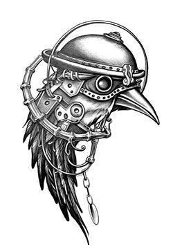 Tattoo template of a raven head in steampunk armor.