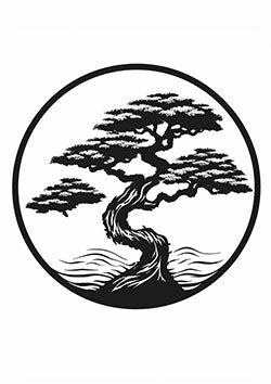 Tattoo template of a bonsai tree within a circle, symbolizing nature and peace