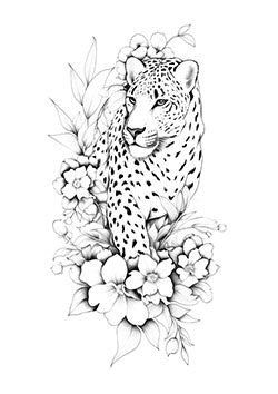 Tattoo template of a majestic leopard surrounded by blooming flowers