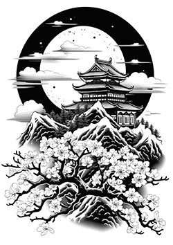 Tattoo template of a pagoda, cherry blossoms, and moon