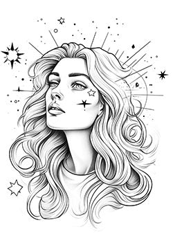 Tattoo template of a celestial-inspired woman with stars and flowing hair