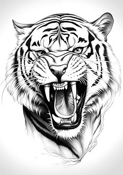 Tattoo template of a roaring tiger's head with sharp teeth and expressive eyes