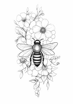 Tattoo template of a bee resting on flowers and leaves with delicate details, ideal for nature lovers