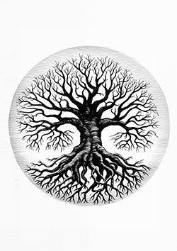 Tattoo template of a tree with detailed branches and roots forming a circular design