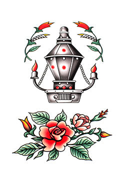 Tattoo template of a classic lantern surrounded by vibrant, flaming flowers.