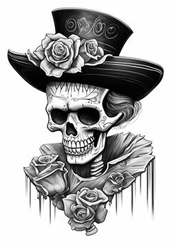 Tattoo template of a skeleton with decorative roses and a top hat blending life and death themes