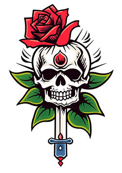 Tattoo template of a skull with a red rose and green leaves, pierced by a sword