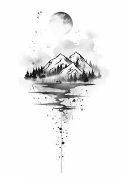 Tattoo template of a peaceful mountain with a full moon and reflective lake surrounded by trees and birds.