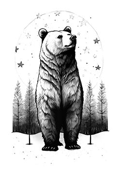 Tattoo template of a bear under a starry night sky with forest background